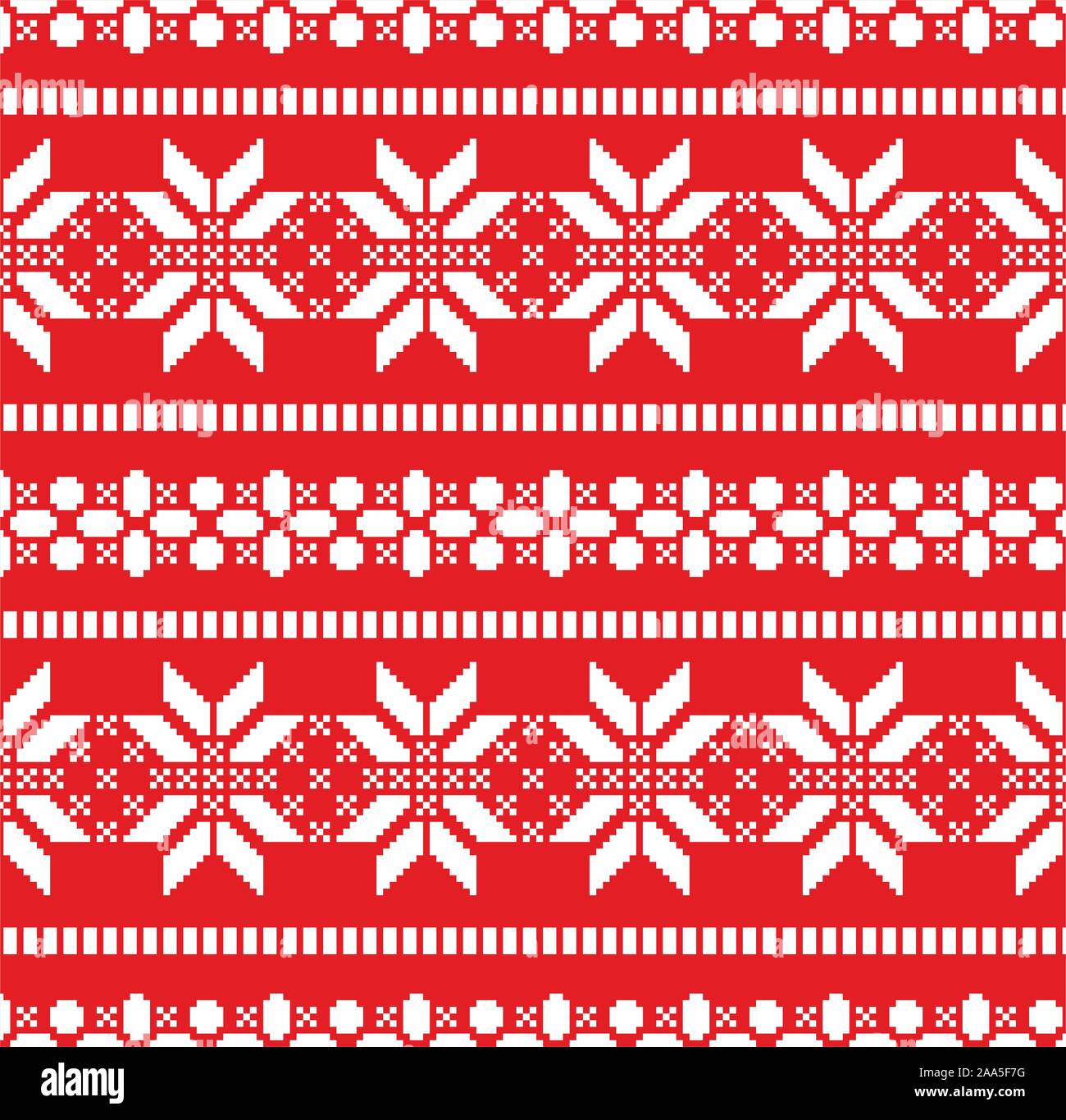 Illustrazione del disegno di Natale con fiocchi di neve bianca su sfondo rosso. Anno nuovo senza giunture per la stampa di carta o tessuto. Maglione texture. - Vettore Illustrazione Vettoriale