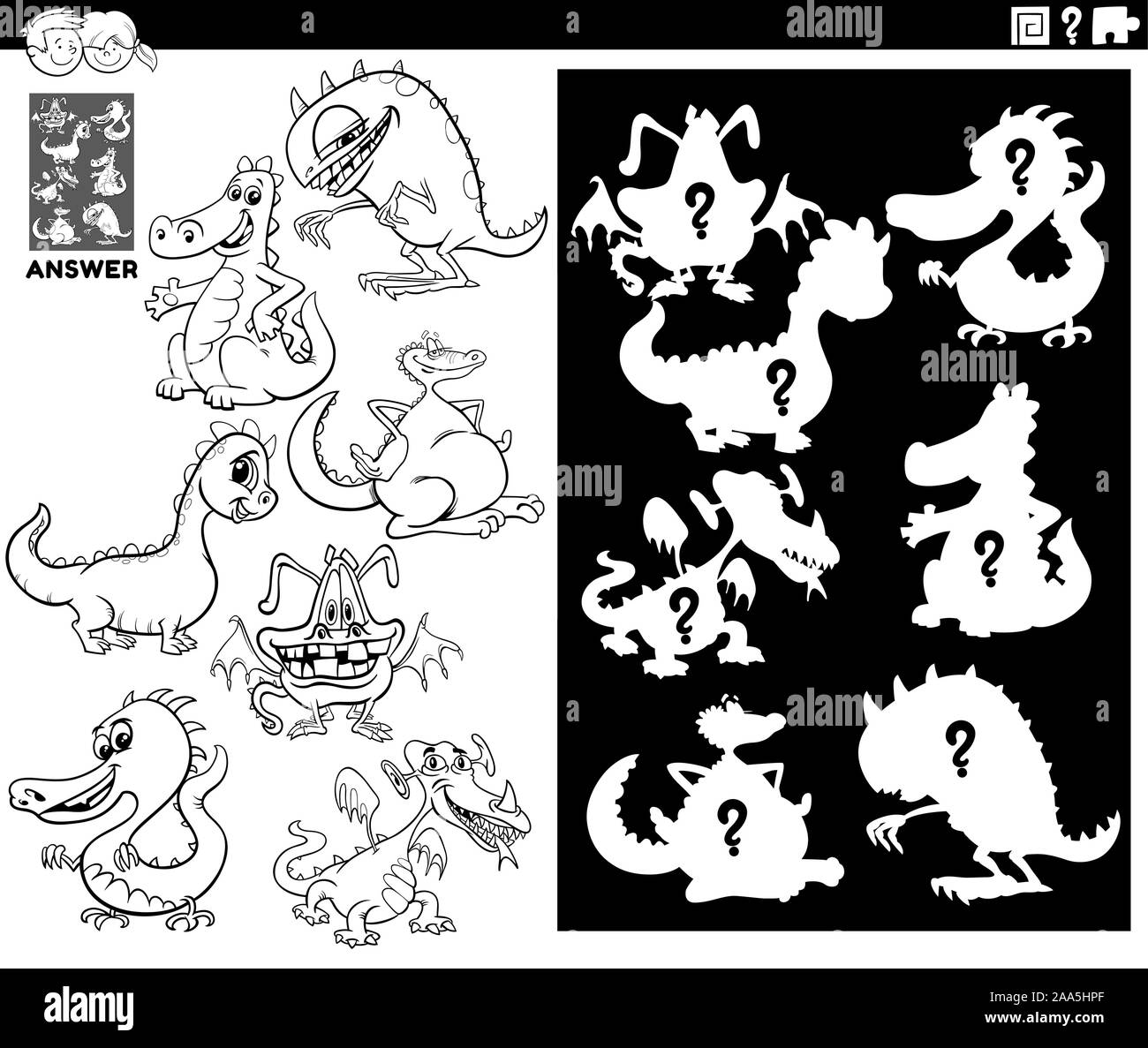 Bianco e Nero Cartoon illustrazione degli oggetti di corrispondenza e la forma destra o Silhouette con draghi personaggi di fantasia gioco educativo per i bambini Illustrazione Vettoriale