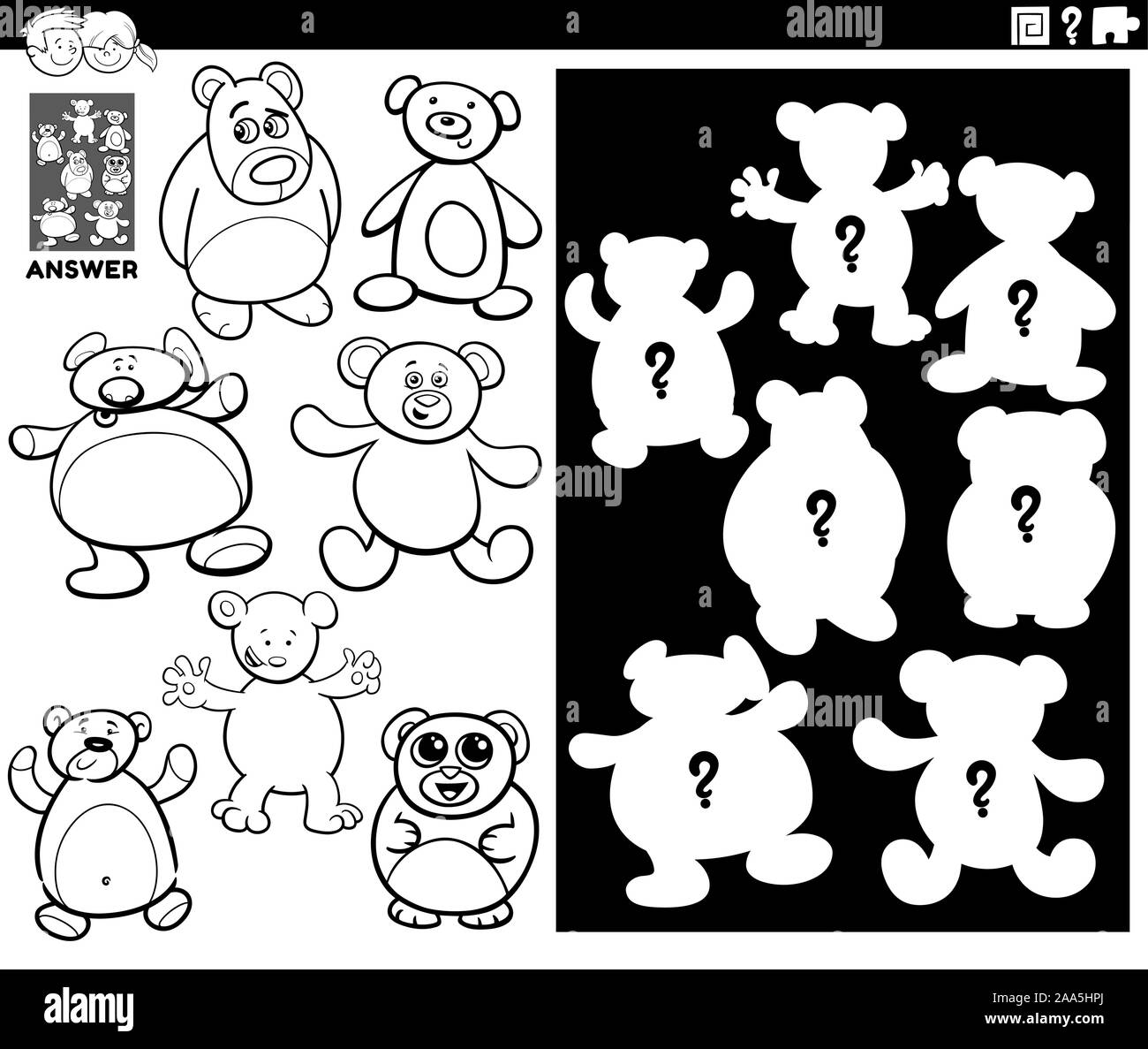 Bianco e Nero Cartoon illustrazione degli oggetti di corrispondenza e la forma destra o Silhouette con orsetti di peluche giocattoli di peluche gioco educativo per bambini Colo Illustrazione Vettoriale