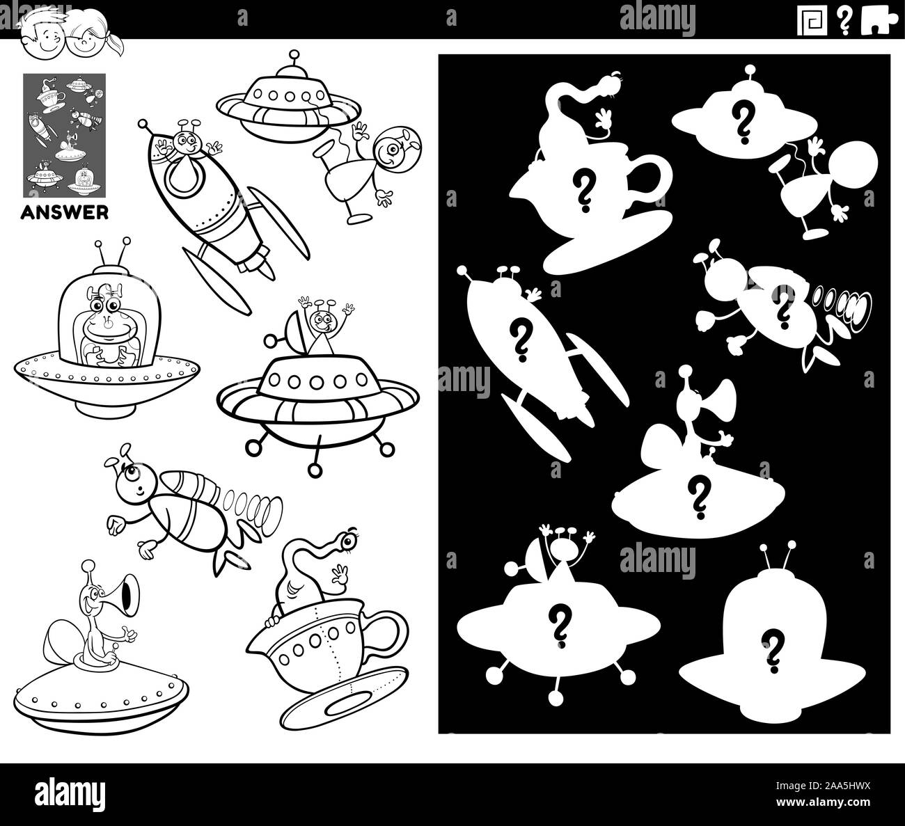 Bianco e Nero Cartoon illustrazione degli oggetti di corrispondenza e la forma destra o Silhouette con Ufo e alieni caratteri gioco educativo per bambini Co Illustrazione Vettoriale