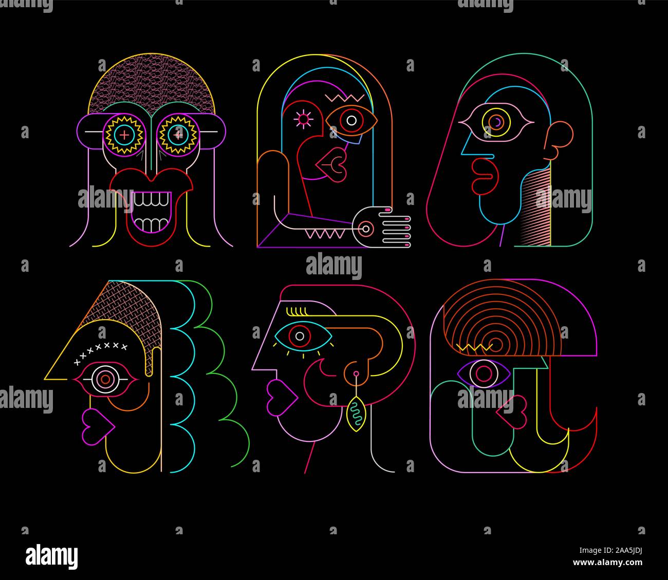 Colori al neon su uno sfondo nero sei facce illustrazione vettoriale. Composizione di sei diversi ritratti astratto. Illustrazione Vettoriale
