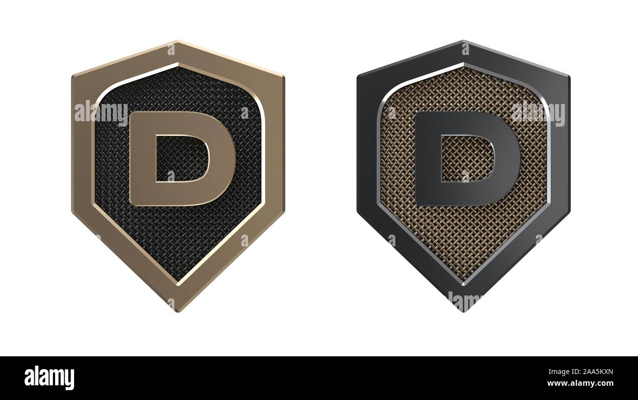 Lettera D, logo in metallo con griglia. Foto Stock