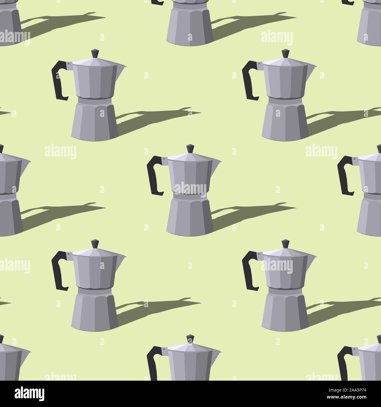 Modello senza cuciture con italiani geyser caffè su uno sfondo verde. Vettore illustrazione piana. Illustrazione Vettoriale