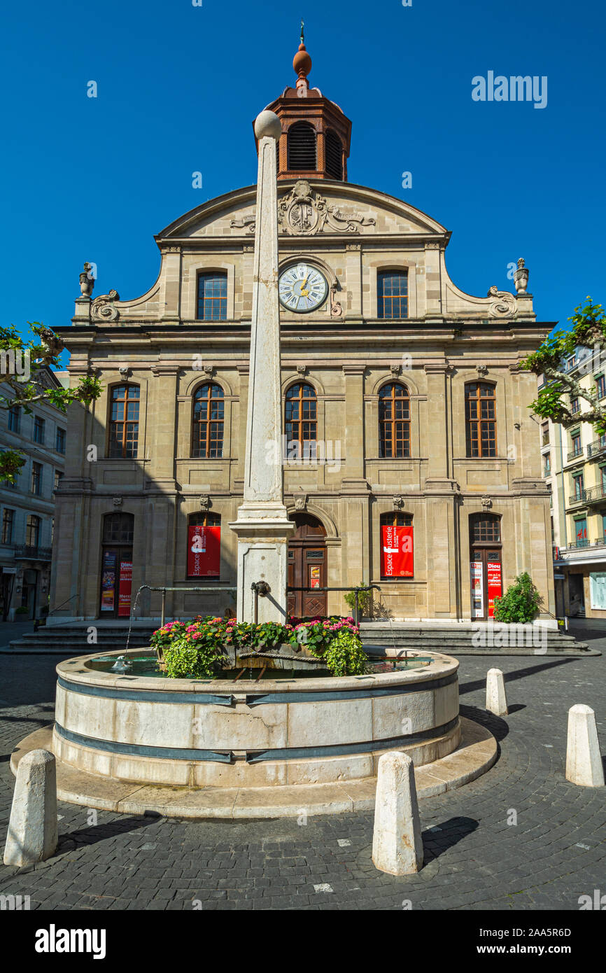 La Svizzera di Ginevra, Place de la Fusterie, tempio, chiesa calvinista completato 1715 Foto Stock
