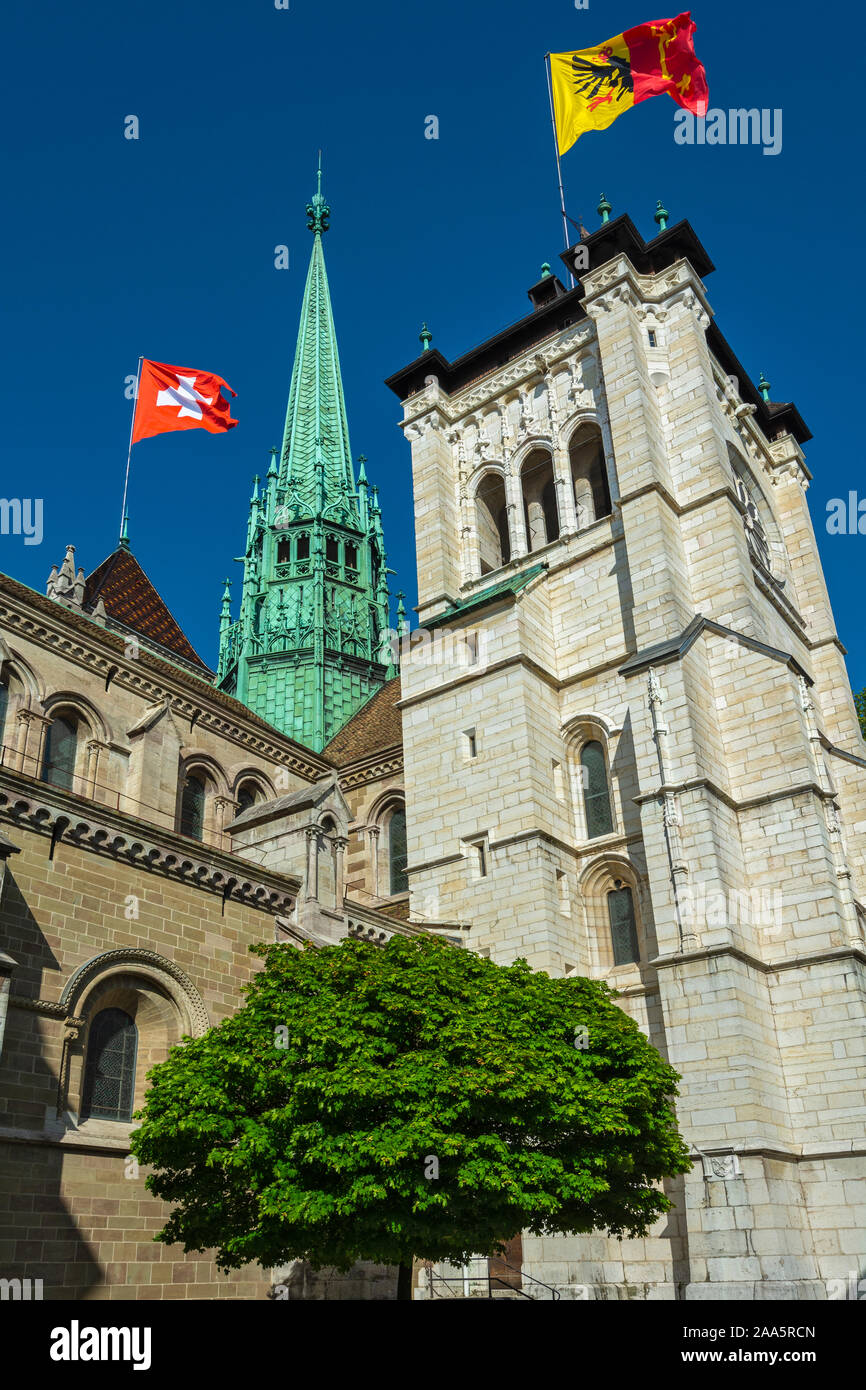 La Svizzera di Ginevra, città vecchia, la Cattedrale di Saint-Pierre, Svizzera e del cantone di Ginevra bandiere Foto Stock
