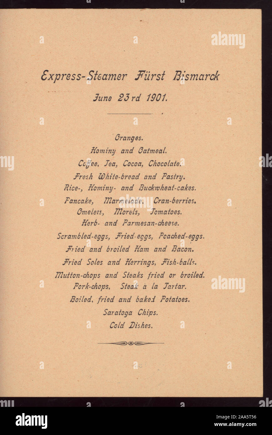 MENU IN INGLESE E TEDESCO; ROSA STOCK; IL LOGO MARINO CON LETTERE HAPAG SUL COPERCHIO POSTERIORE Citazione/Riferimento: 1901-1723; colazione [detenute da] HAMBURG-AMERIKA LINIE [a] EN ROUTE A BORDO DI Furst Bismarck (SS;) Foto Stock