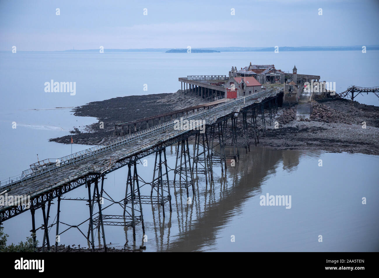 Derelitti Birnbeck Pier, Canale di Bristol, Weston-Super-Mare Foto Stock