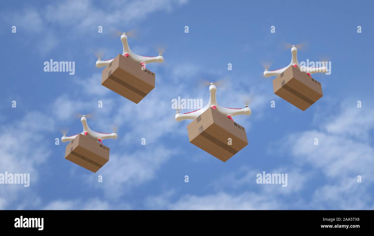 Flotta drone di consegnare gli ordini urgenti da aria. Foto Stock