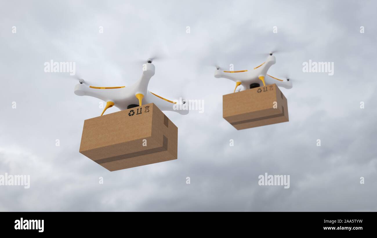 Gli ordini urgenti spediti con fuchi. Drone battenti con scatola di cartone package di tipo a. Foto Stock