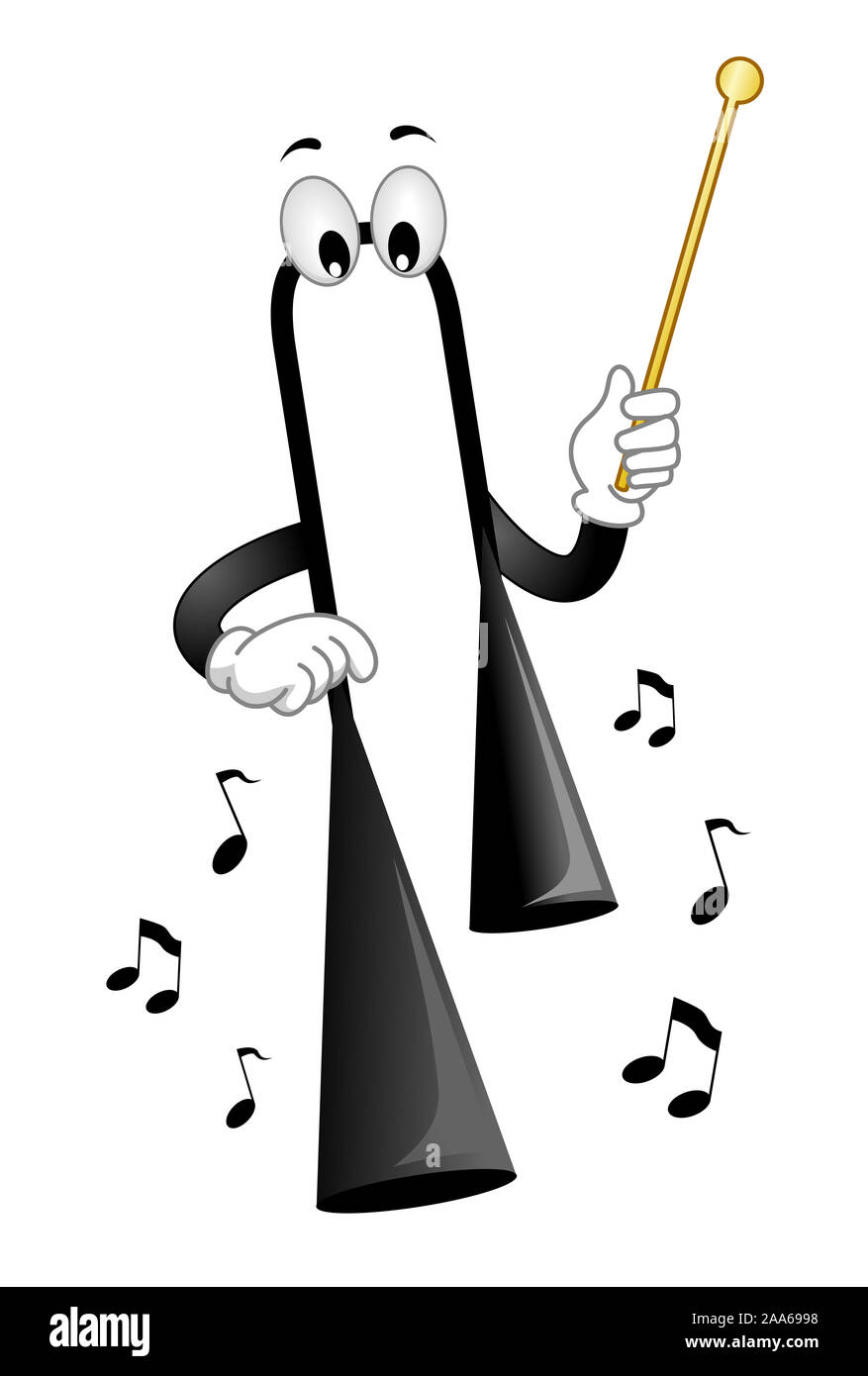 Illustrazione di un Agogo Bell Mascot tenendo un bastone con note musicali Foto Stock