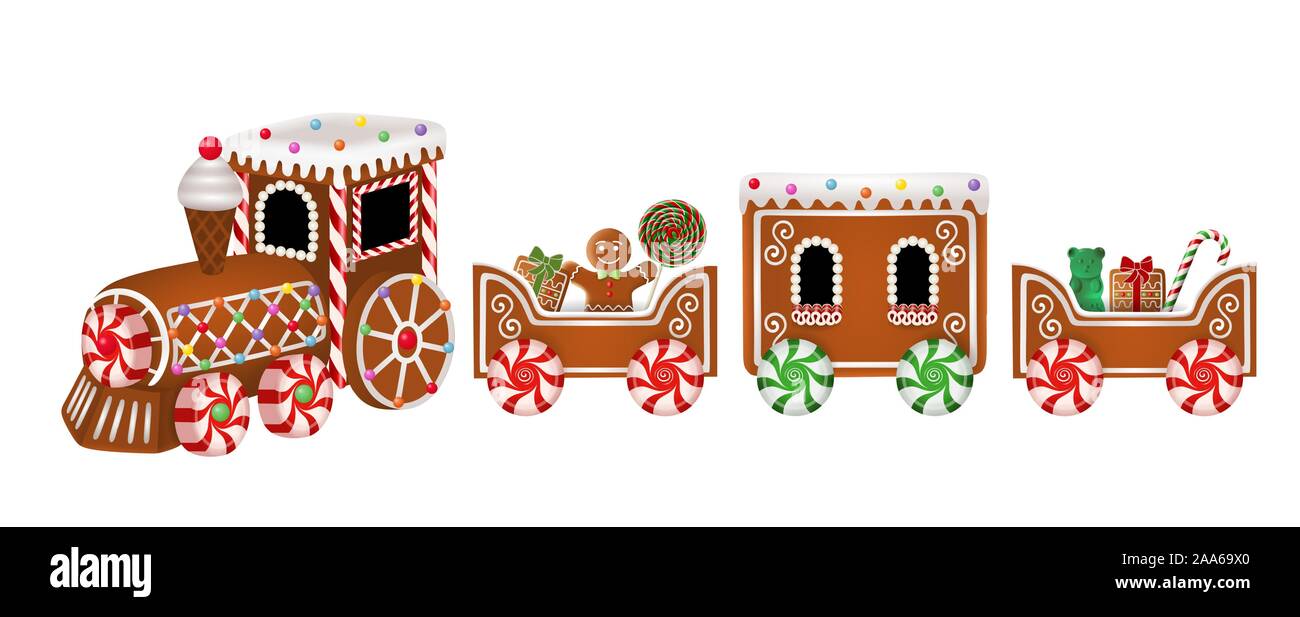 Isolate il treno di panpepato con gingerbread man e caramelle di natale Illustrazione Vettoriale