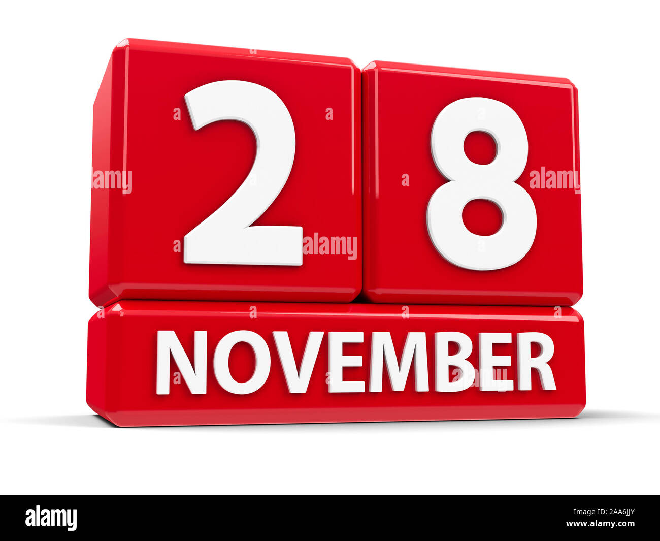 Cubi rossi - Venti ottavo di novembre - su un tavolo bianco - Giorno di indipendenza in Albania, tridimensionale, rendering 3D illustrazione Foto Stock