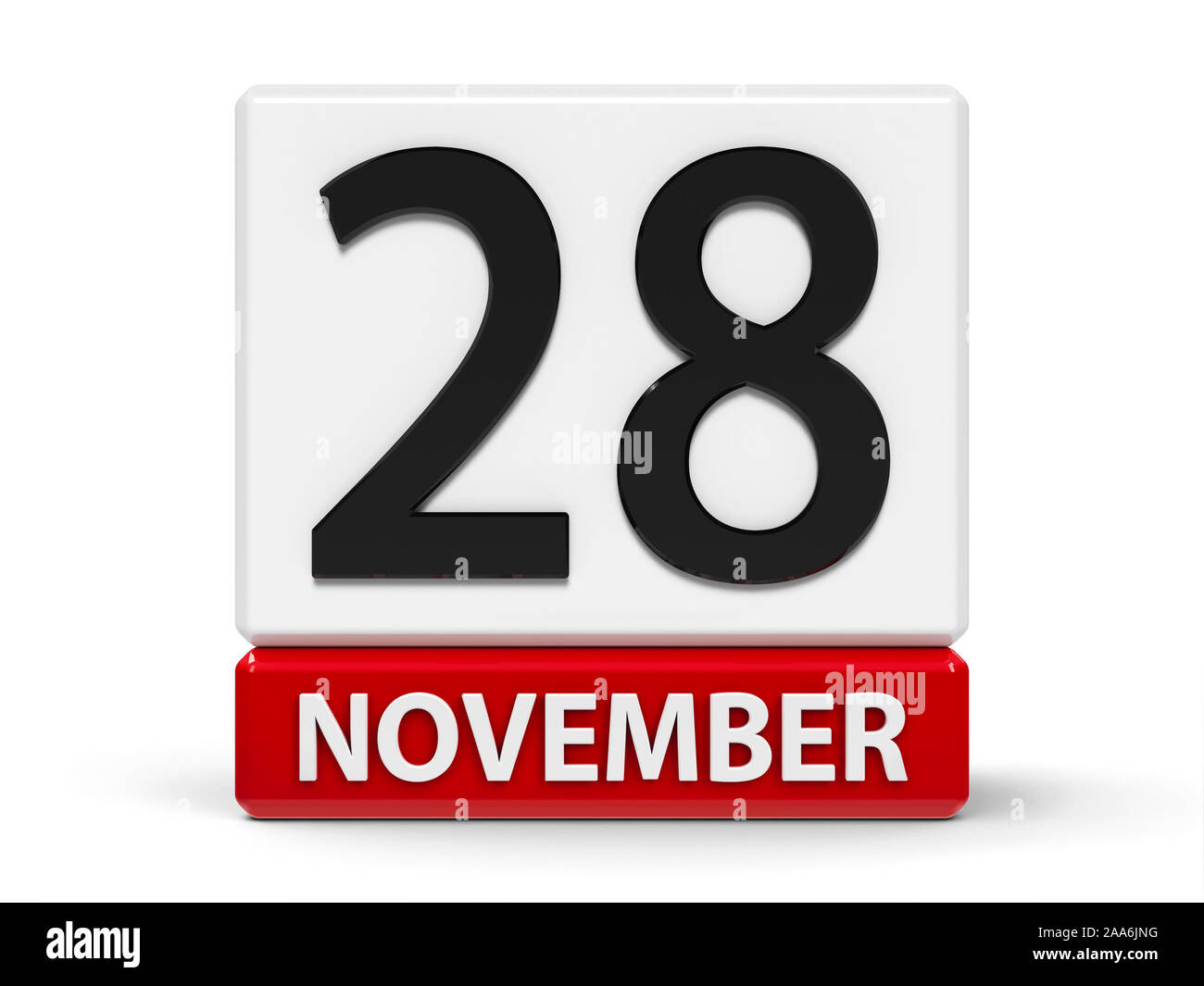 Rosso e bianco sull'icona del calendario dai cubi - Venti ottavo di novembre - su un tavolo bianco, tridimensionale, rendering 3D illustrazione Foto Stock