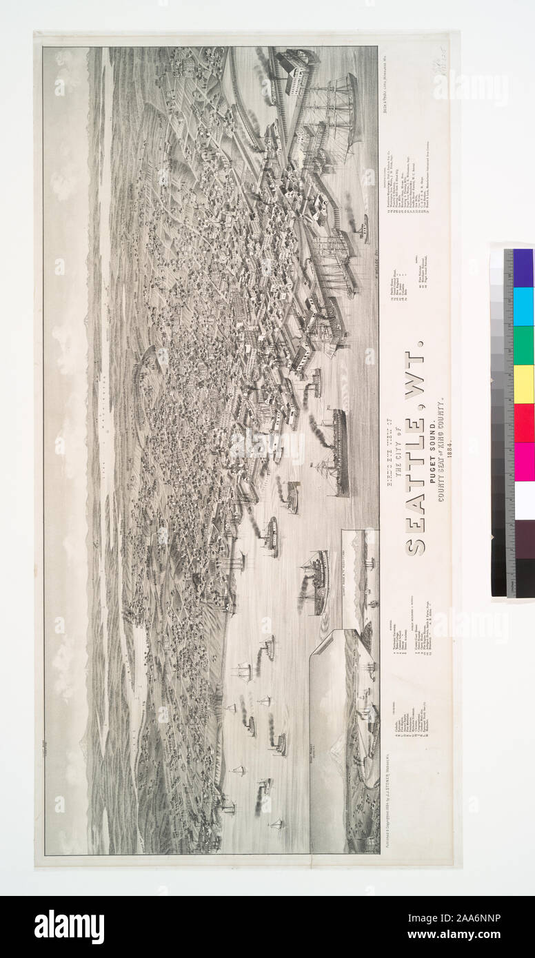 Stokes 1884-G-86 Stampa contiene 12 letterati e 37 riferimenti numerati per edifici di Seattle nel margine inferiore. La stampa contiene piccole visualizzazioni: Mount Rainier 14,440 ft. ; Olympic Range da 6 a 10.000 ft. alta. Deák 873; vista panoramica della città di Seattle, Wt. Foto Stock