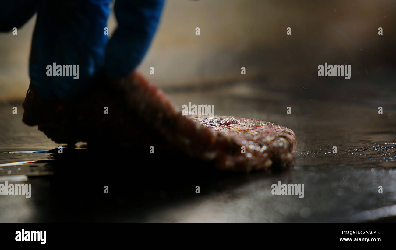 Slow motion molto da vicino la mano di un cuoco mette una polpetta di carne su una superficie calda di un grill elettrico Foto Stock Slow motion molto da vicino la mano di un cuoco mette una polpetta di carne su una superficie calda di un grill elettrico Foto Stock