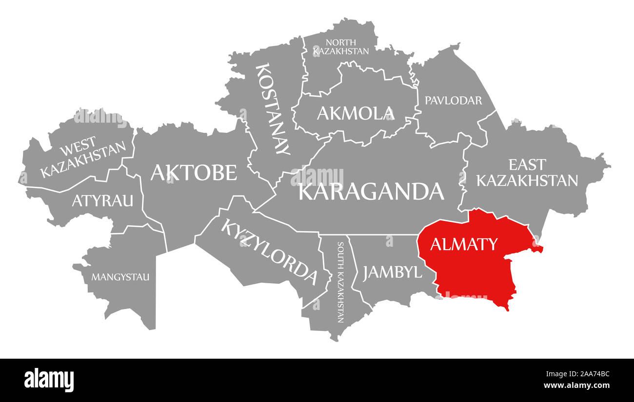 Almaty evidenziata in rosso nella mappa di Kazakistan Foto Stock