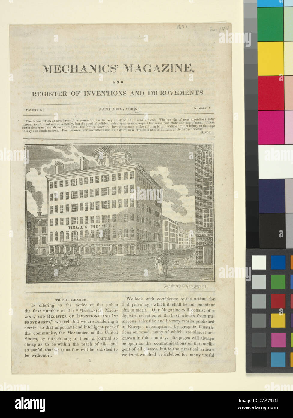 Citazione/Riferimento: Eno 144 dalla meccanica' magazine e registro delle invenzioni e miglioramenti, v. 1, n. 1 gennaio 1833.; la costruzione di letterati Holt's Hotel Foto Stock