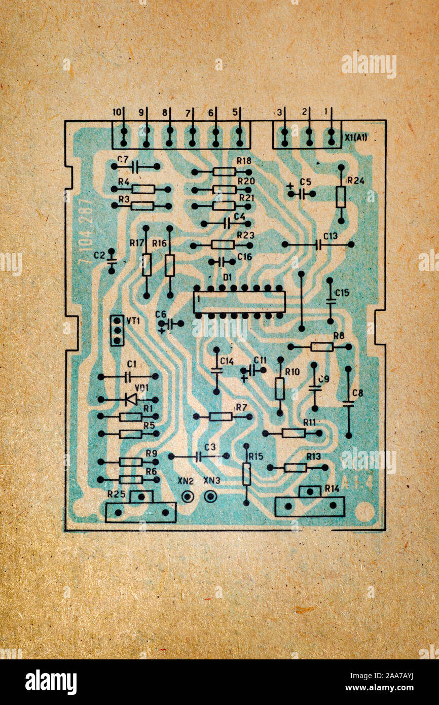 La carta elettronica diagramma schematico della televisione retrò. Foto Stock