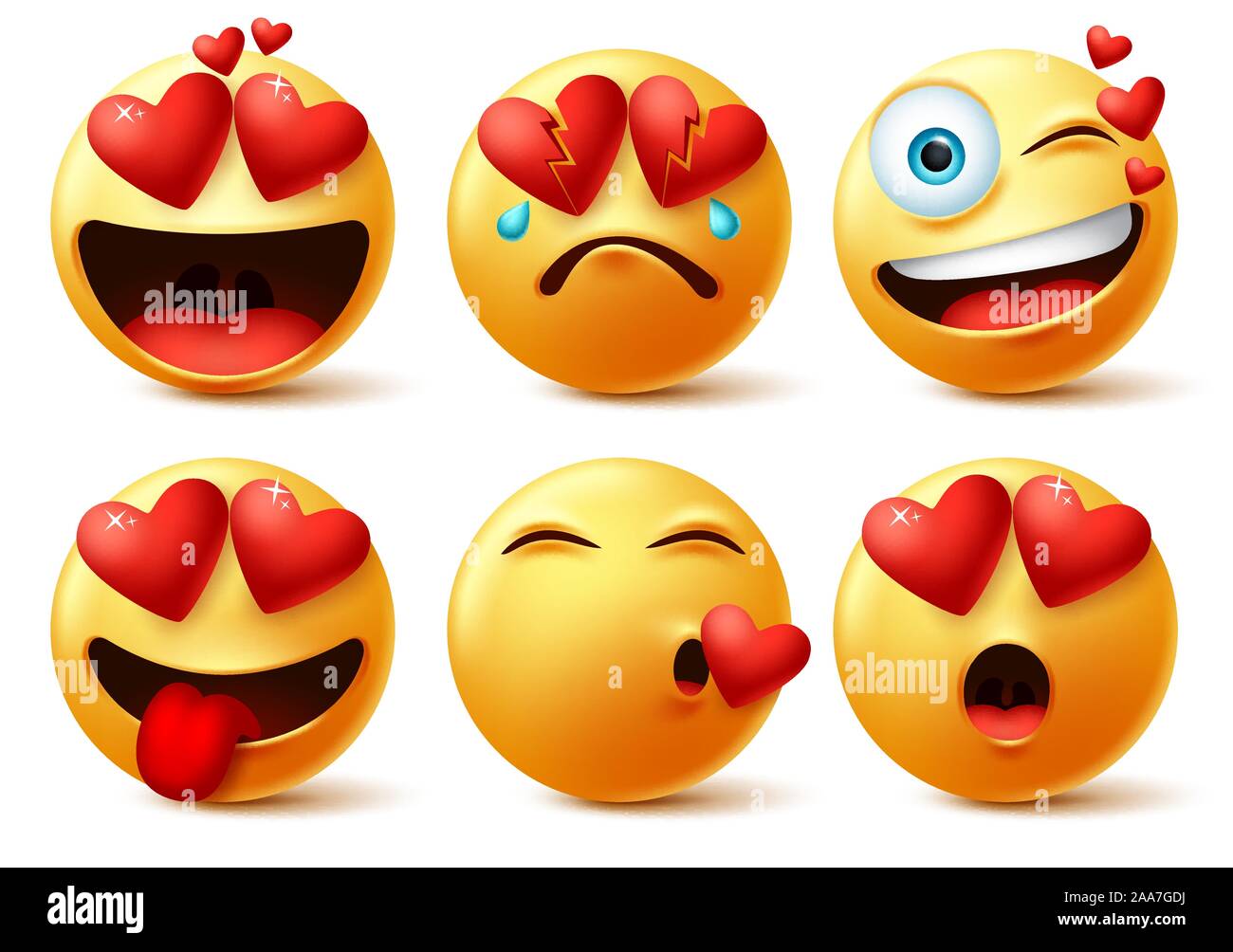 Emoticon e gli Emoji con cuore facce vettore set. Smiley emoticon di cuore rosso con in amore, rotte, baciare, sorpresa e divertente carino. Illustrazione Vettoriale