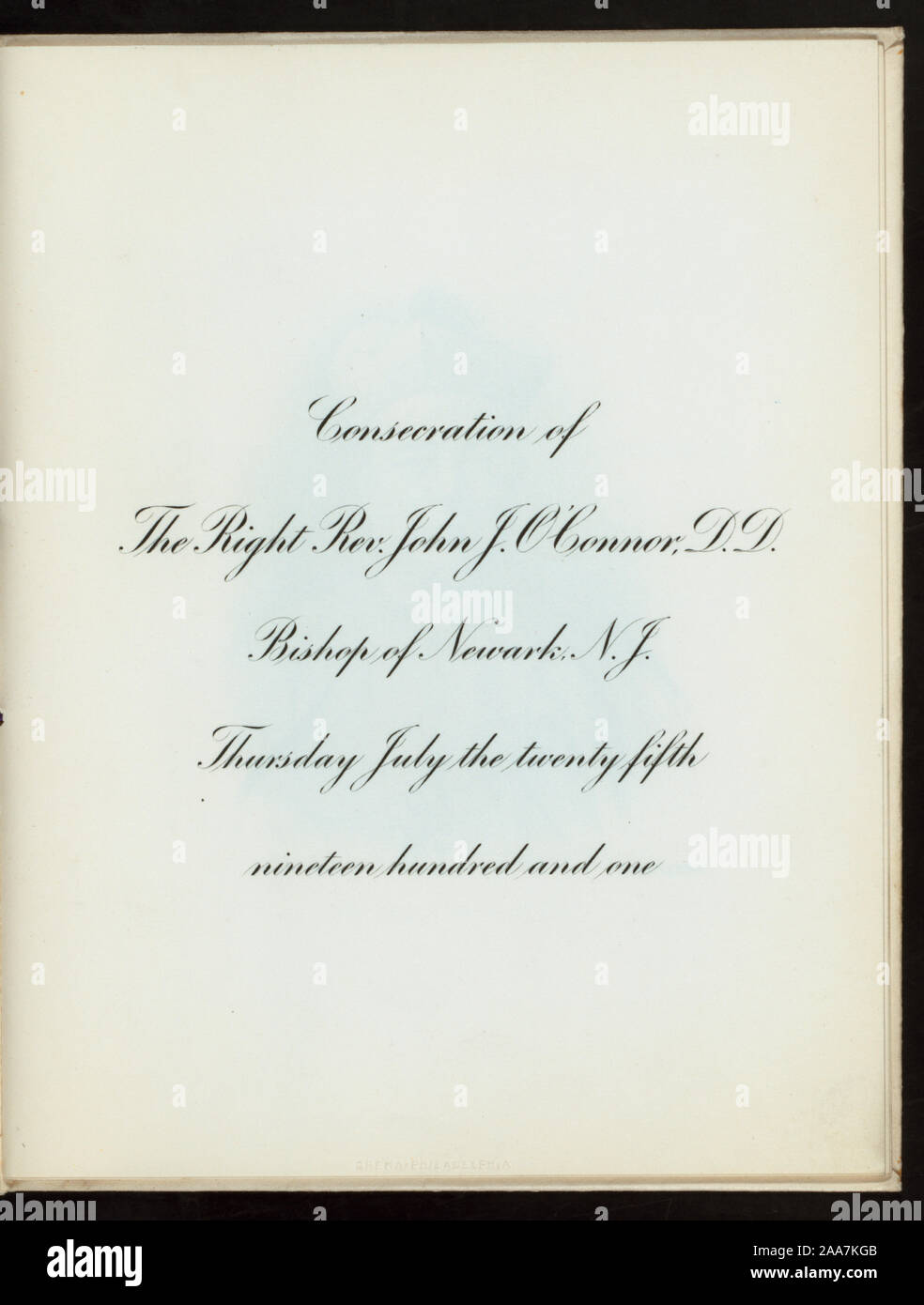 Liquori; disegno del vescovo O'Connor; elenco dei dignitari; musica; luogo manoscritte da FEB; la consacrazione del diritto REV. JOHN O'Connor, D.D. Vescovo di NEWARK NJ [detenute da] CHIESA CATTOLICA [at] KRUGER AUDITORIUM, Newark, NJ (CLUB PRIVATO;) Foto Stock