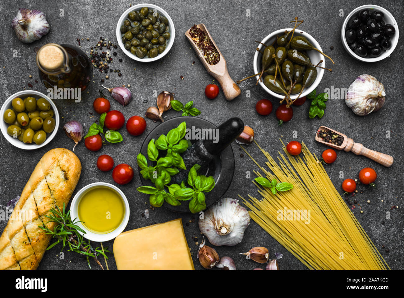 Il cibo italiano ingredienti o dieta mediterranea concept Foto Stock