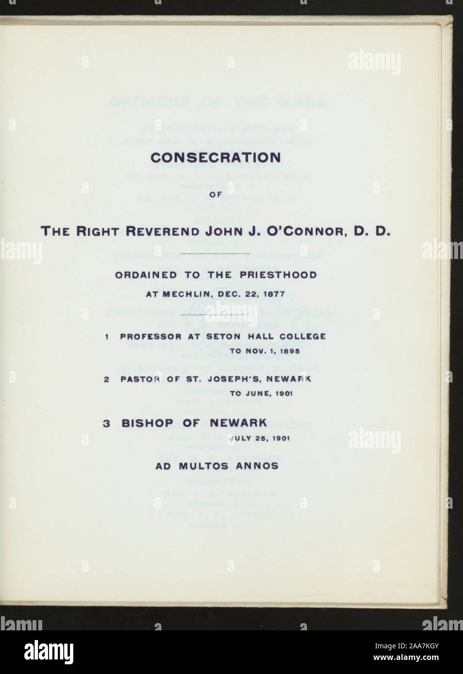 Liquori; disegno del vescovo O'Connor; elenco dei dignitari; musica; luogo manoscritte da FEB; la consacrazione del diritto REV. JOHN O'Connor, D.D. Vescovo di NEWARK NJ [detenute da] CHIESA CATTOLICA [at] KRUGER AUDITORIUM, Newark, NJ (CLUB PRIVATO;) Foto Stock
