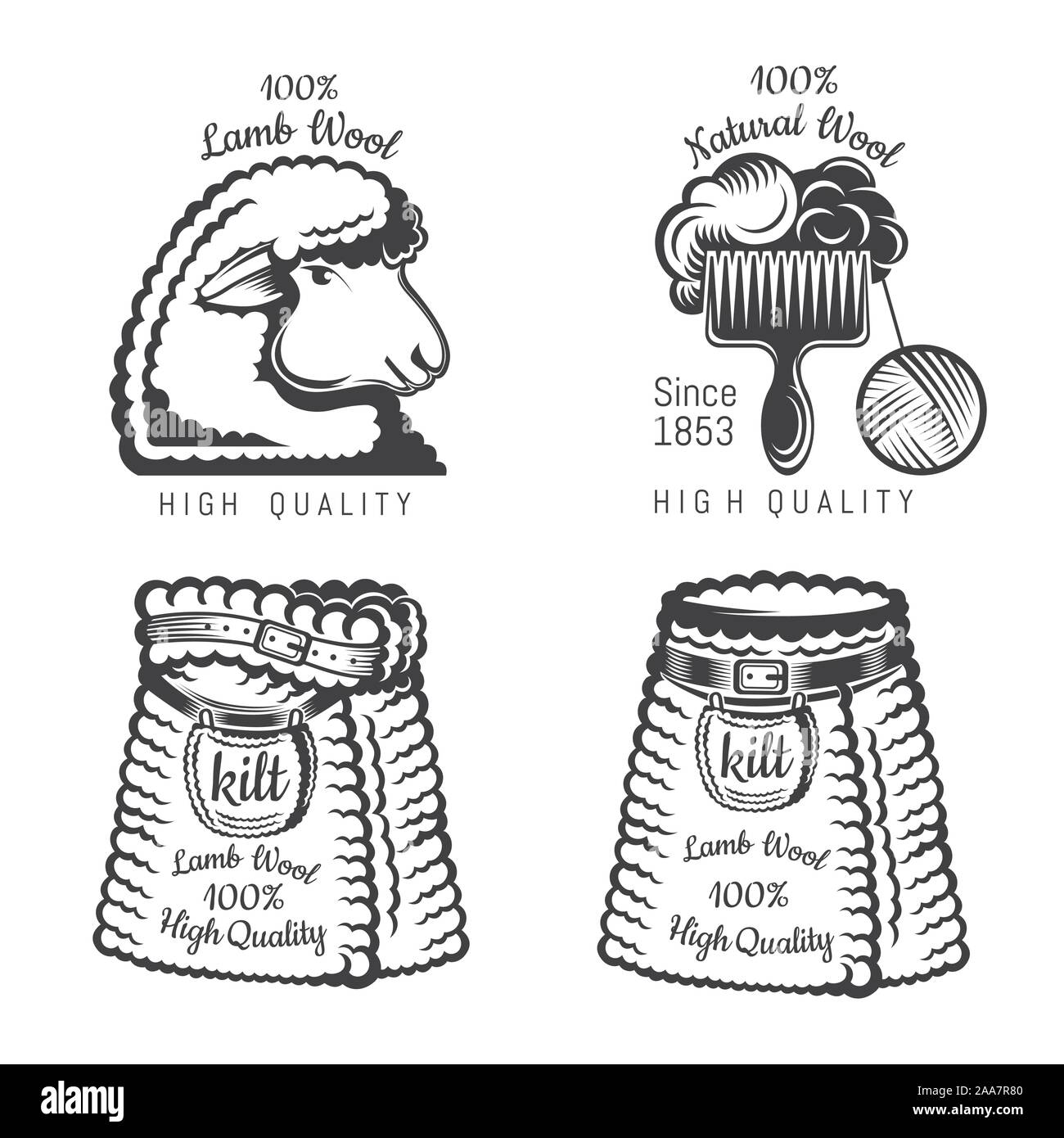 Set di etichette di lana di pecora e tweed kilt. Etichetta per imbarcazioni maglia sito correlato o business Illustrazione Vettoriale