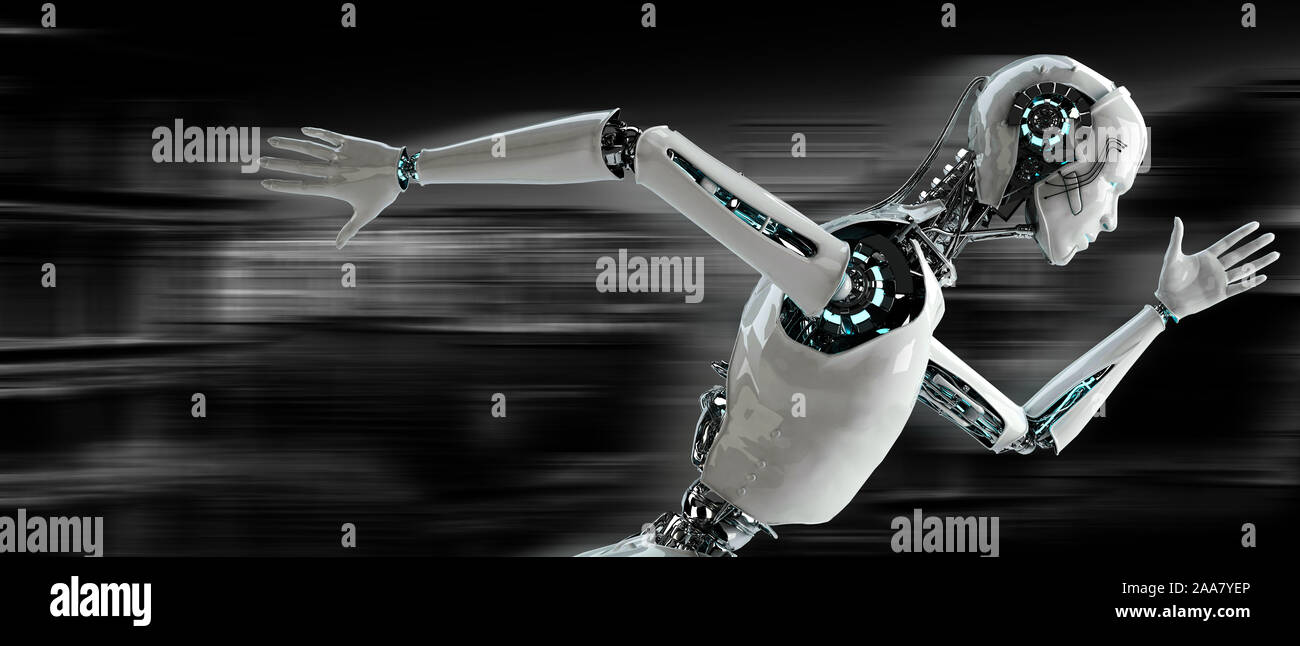 Robot androide che eseguono il concetto di velocità - veloce macchina cyborg in 3D render Foto Stock