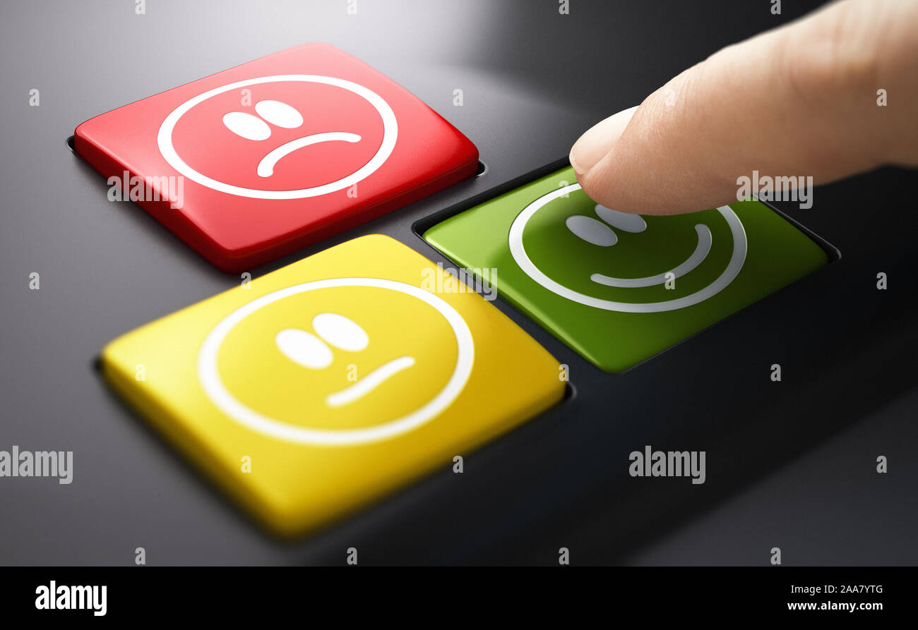 Dito premendo il pulsante felice su un feedback clienti dispositivo. Immagine composita tra un dito e la fotografia di un 3D sfondo. Foto Stock