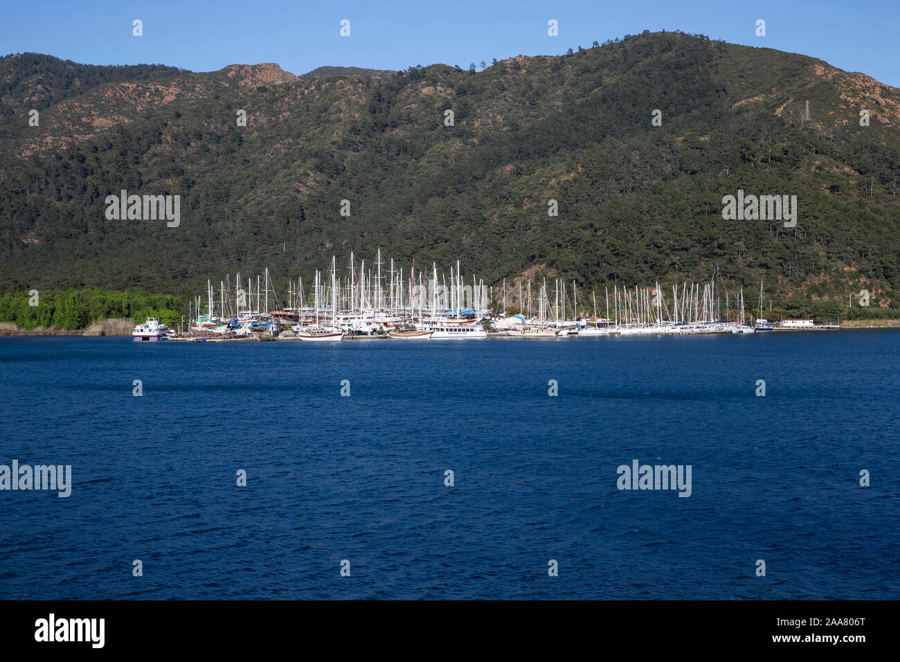 Un gran numero di lusso costoso yacht ormeggiati nel porto di Marmaris in Turchia con i loro alberi prominente contro lo sfondo Foto Stock