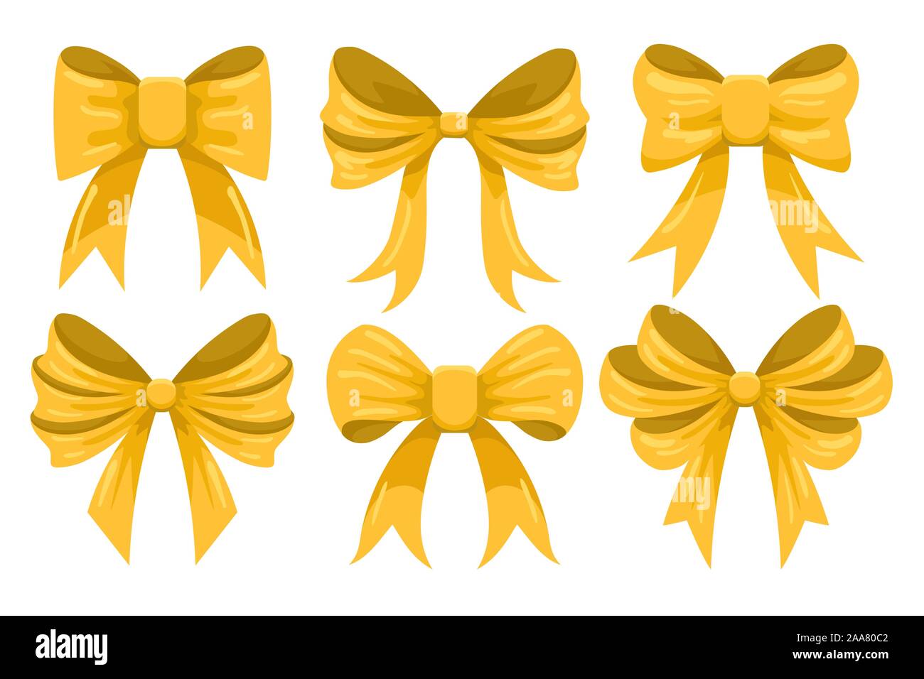 Set di Golden cartoon Bow isolato su bianco. Illustrazione Vettoriale. Illustrazione Vettoriale