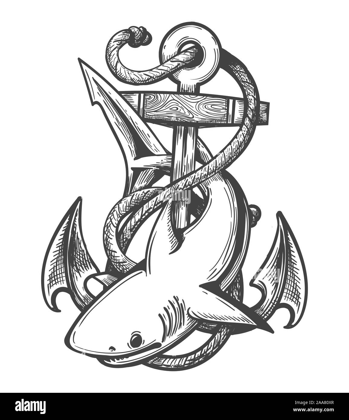 Emblema di squalo e il dispositivo di ancoraggio in Corde disegnati in stile tatuaggio. Vector illustartion. Illustrazione Vettoriale