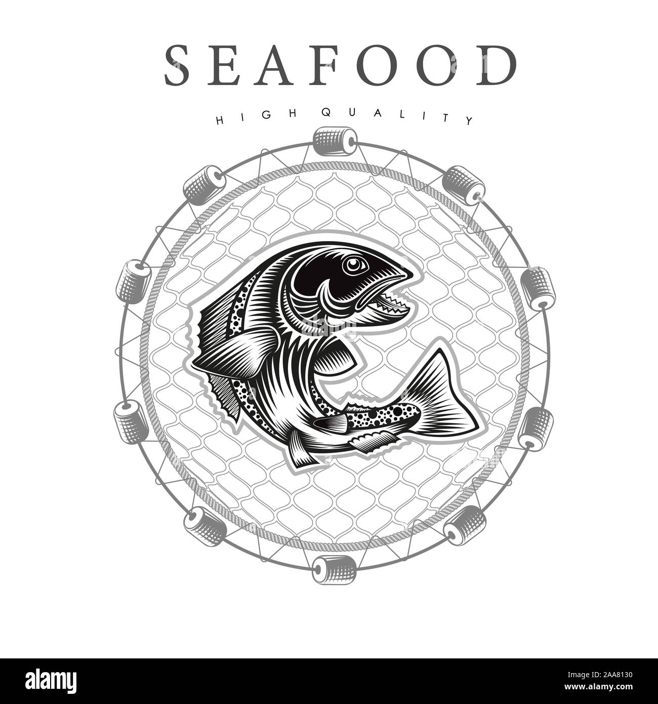 Bended salmoni Pesci in salto, nel centro round reti da pesca su sfondo bianco. Logo per i prodotti a base di pesce o frutti di mare in stile xilografia Illustrazione Vettoriale