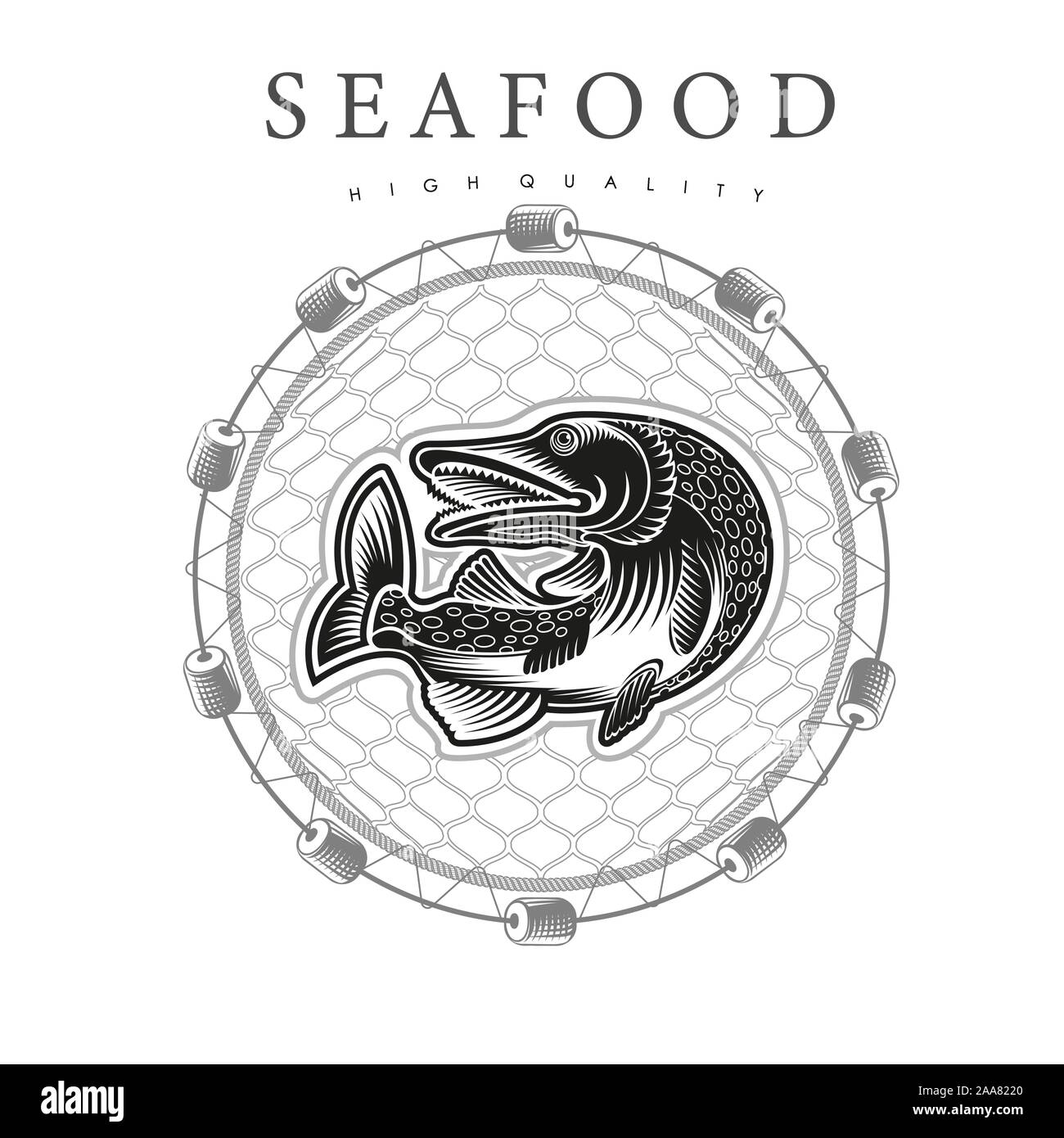 Il luccio in salto, nel centro round reti da pesca su sfondo bianco. Logo per i prodotti a base di pesce o frutti di mare in stile xilografia Illustrazione Vettoriale