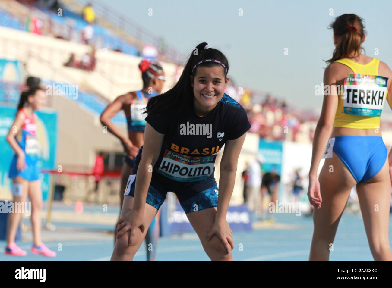 Veronica Hipolito dopo la T37 100m jAt il WPA mondiali di atletica in Dubai Emirati Arabi Uniti CREDIT: BEN BOOTH Foto Stock