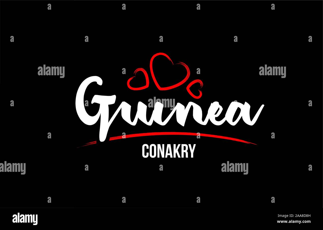 La Guinea paese su sfondo nero con rosso amore il cuore e la sua capitale Conakry creative testo tipografia logo design Illustrazione Vettoriale