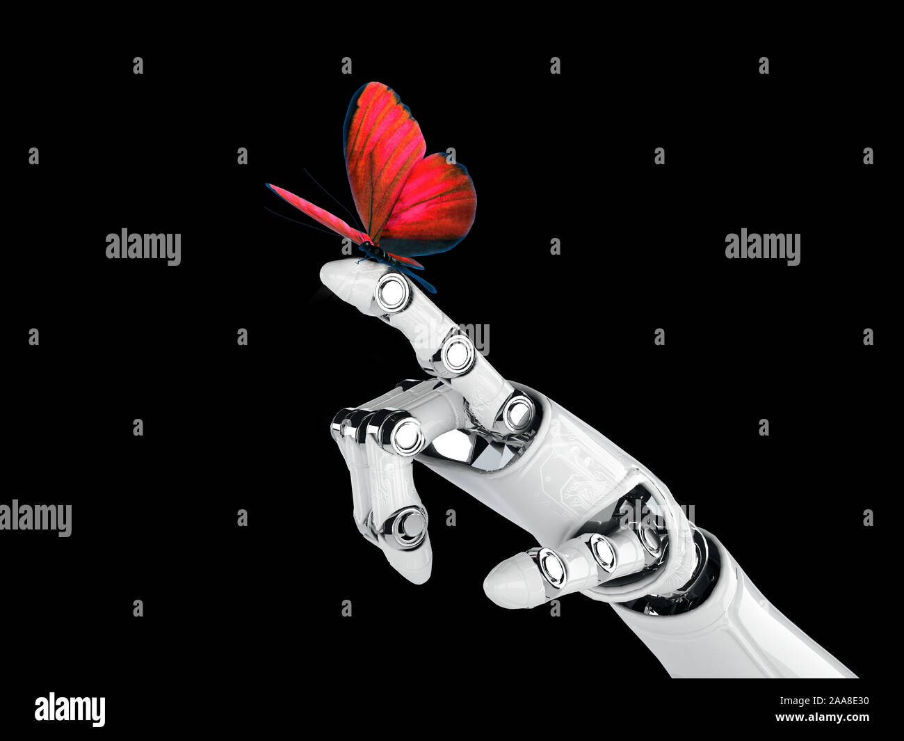 Robot mano cyborg e butterfly - 3D render Foto Stock