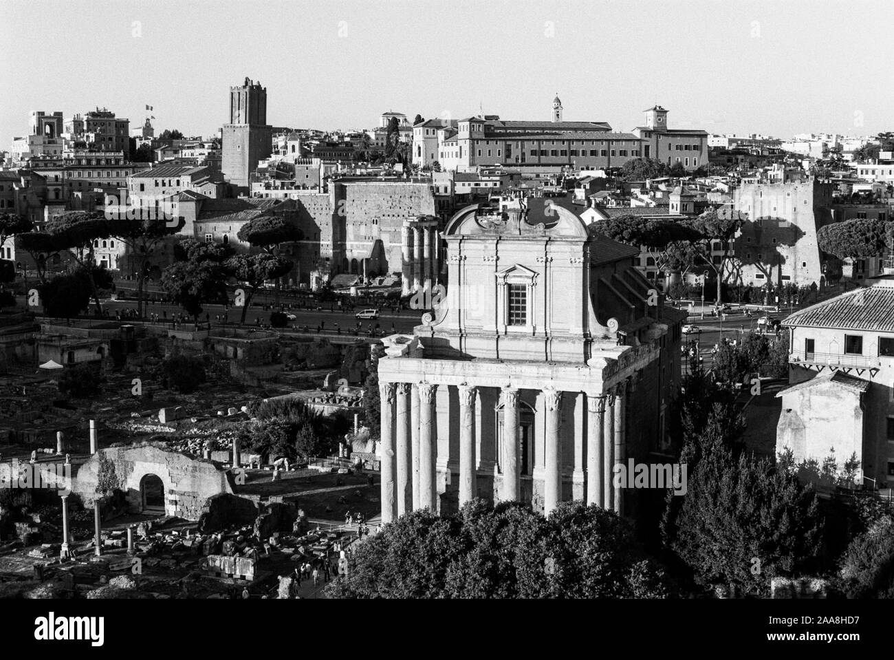 Una pellicola di 35mm foto in bianco e nero del Tempio di Antonino e Faustina e il Foro Romano al tramonto, Roma Italia Foto Stock