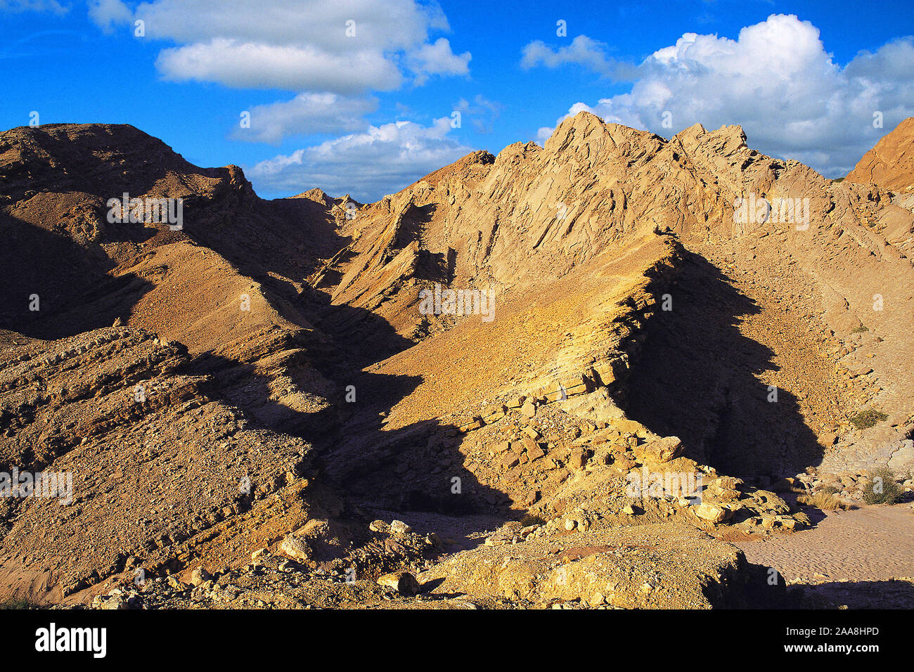 Mattina nel deserto del Negev a nord di Eilat, con colline rocciose e calanchi, Israele Foto Stock