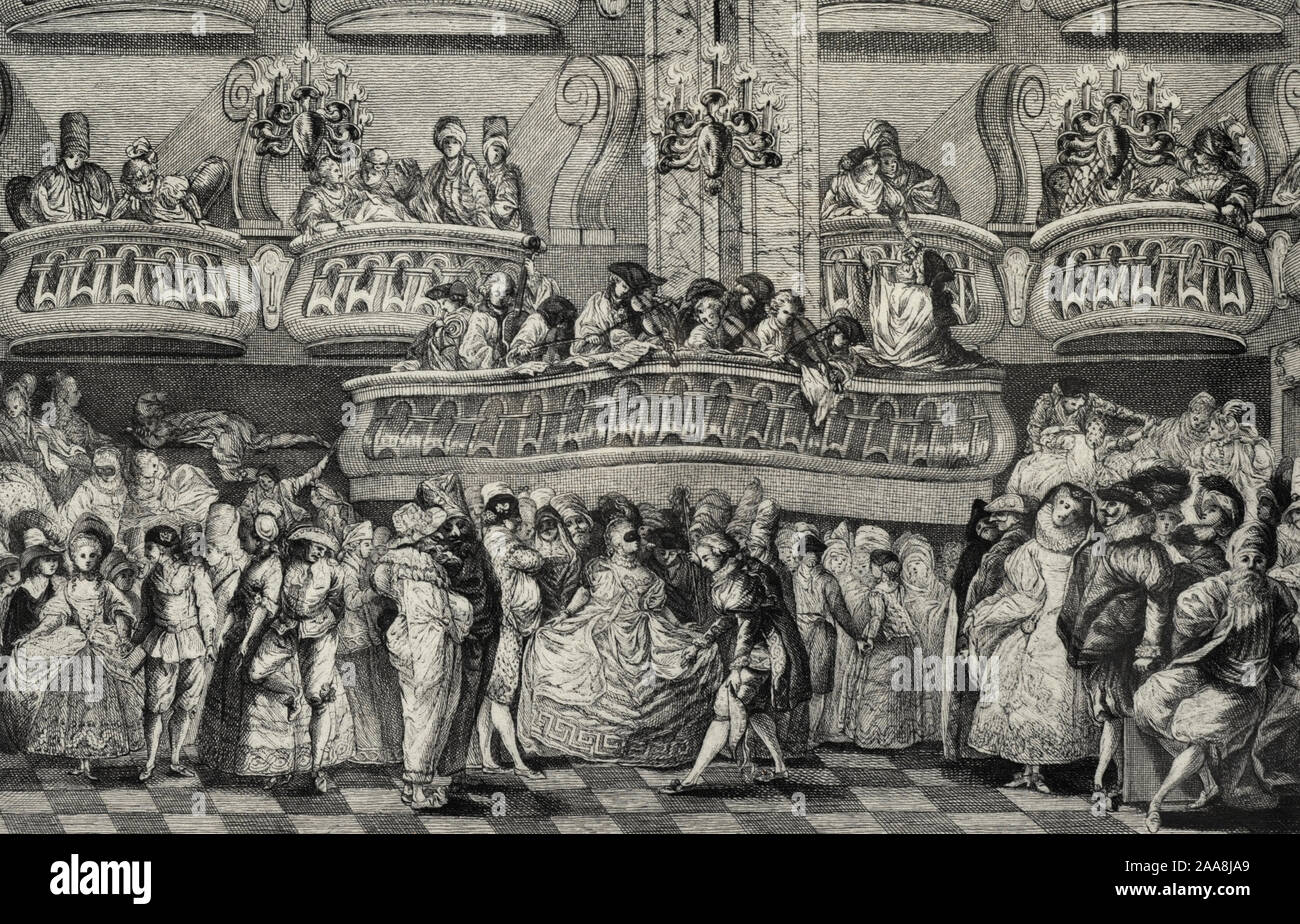 La storia della Spagna. Masquerade Palla al Coliseo del Principe, ca.1771-1802. Da Juan Antonio Salvador Carmona (1740-1805). Incisione e incisioni su carta. Dettaglio. Museo di storia. Madrid. Spagna. Foto Stock