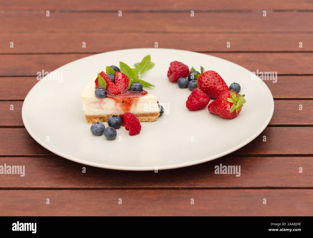 Cheesecake con fragole, mirtilli, coulis di frutta e menta su una piastra di crema con sfondo di legno Foto Stock