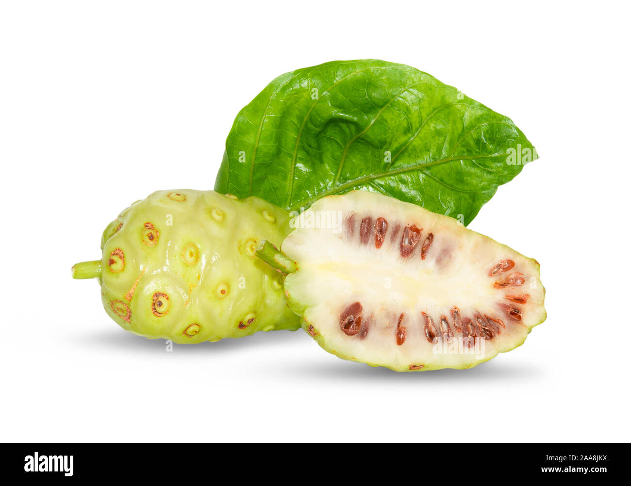 Il noni o Morinda citrifolia e slice isolati su sfondo bianco. Foto Stock