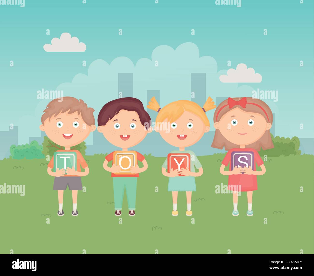 Bambini i blocchi di trattenimento con alfabeto nel parco, giocattoli illustrazione vettoriale Illustrazione Vettoriale
