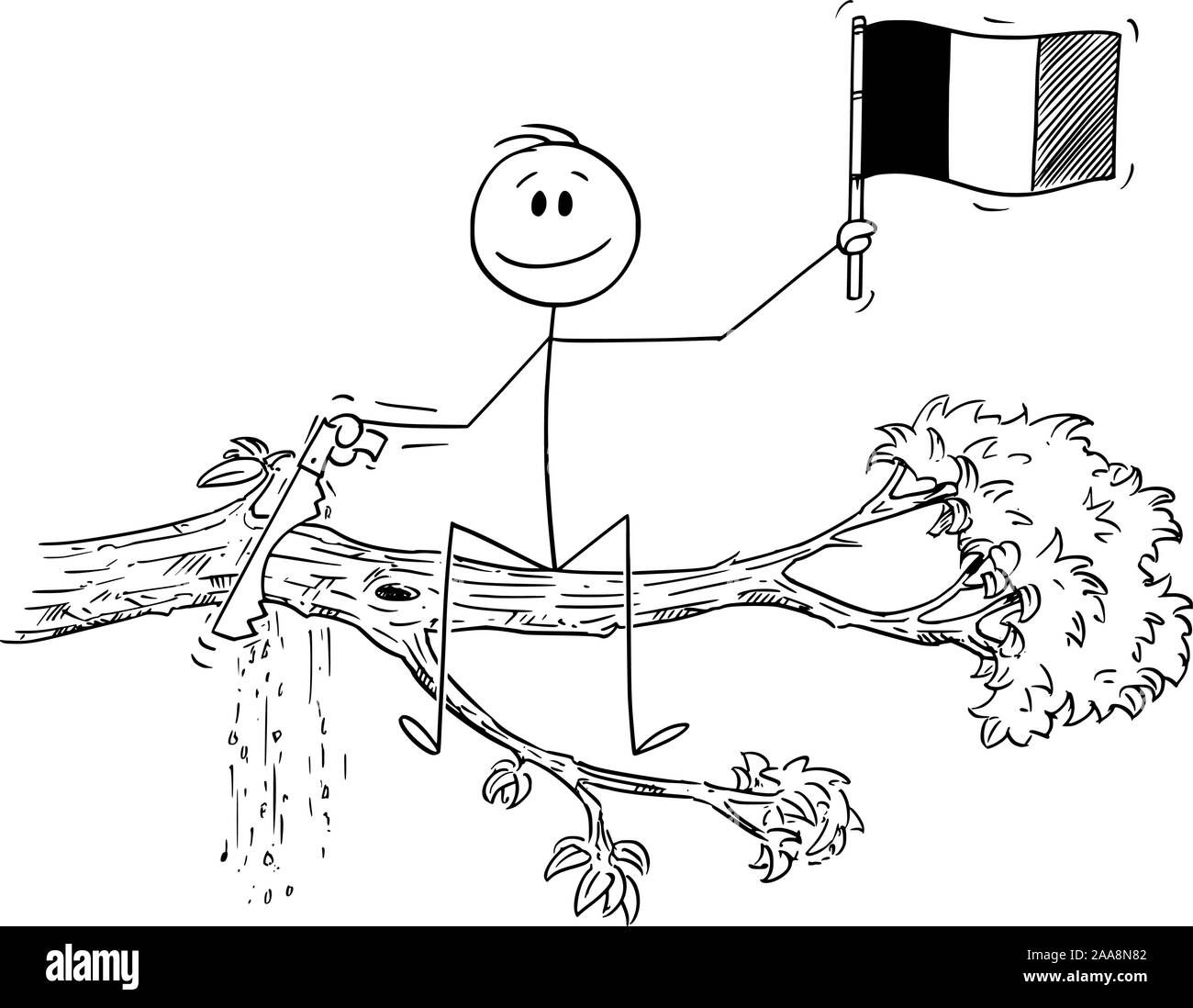 Vector cartoon stick figura disegno illustrazione concettuale dell'uomo sventolare la bandiera del Regno del Belgio o Repubblica francese, Francia e taglio con sega il ramo su cui è seduto. Illustrazione Vettoriale