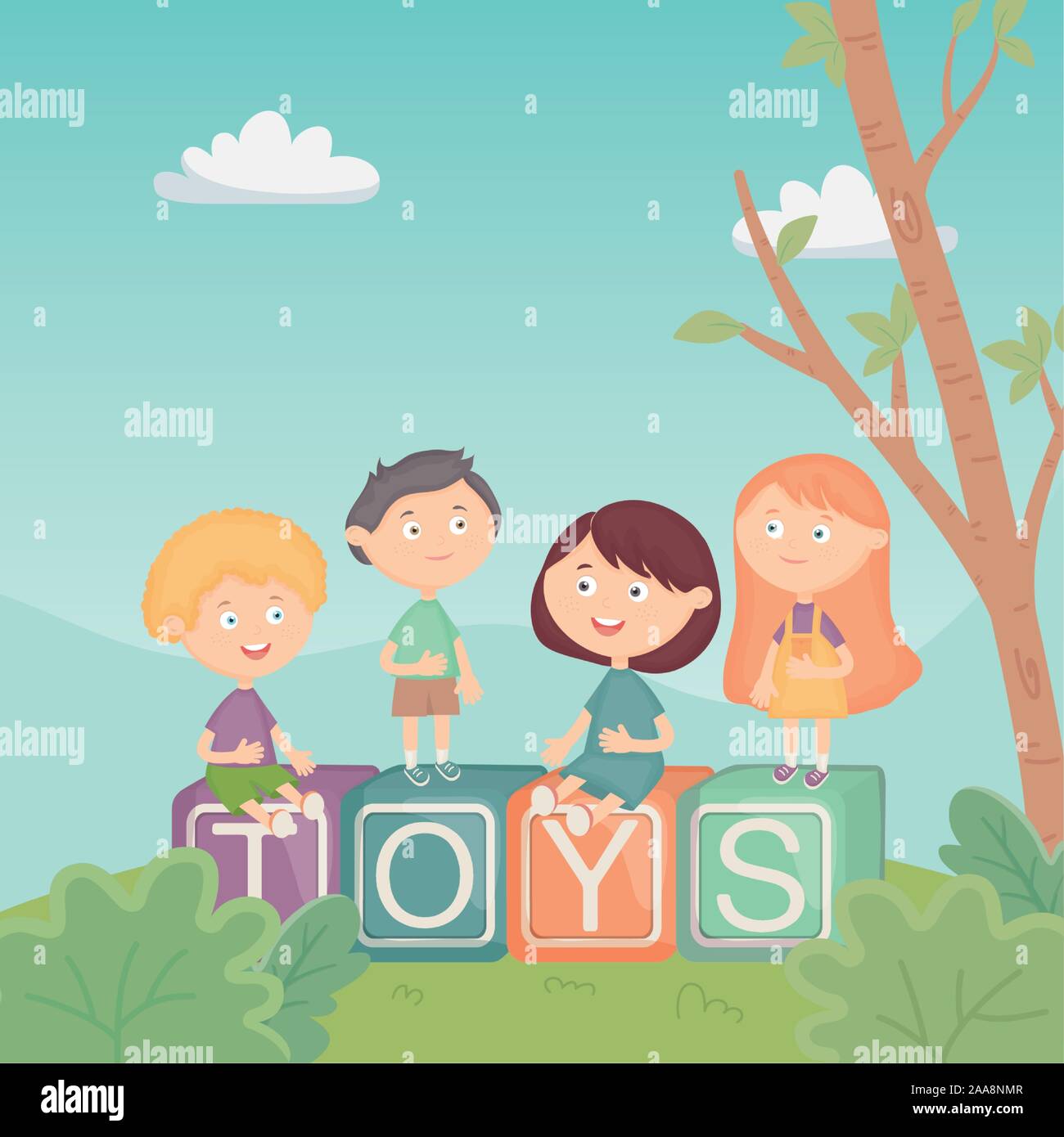 I bambini seduti su blocchi alfabeto nel parco, giocattoli illustrazione vettoriale Illustrazione Vettoriale