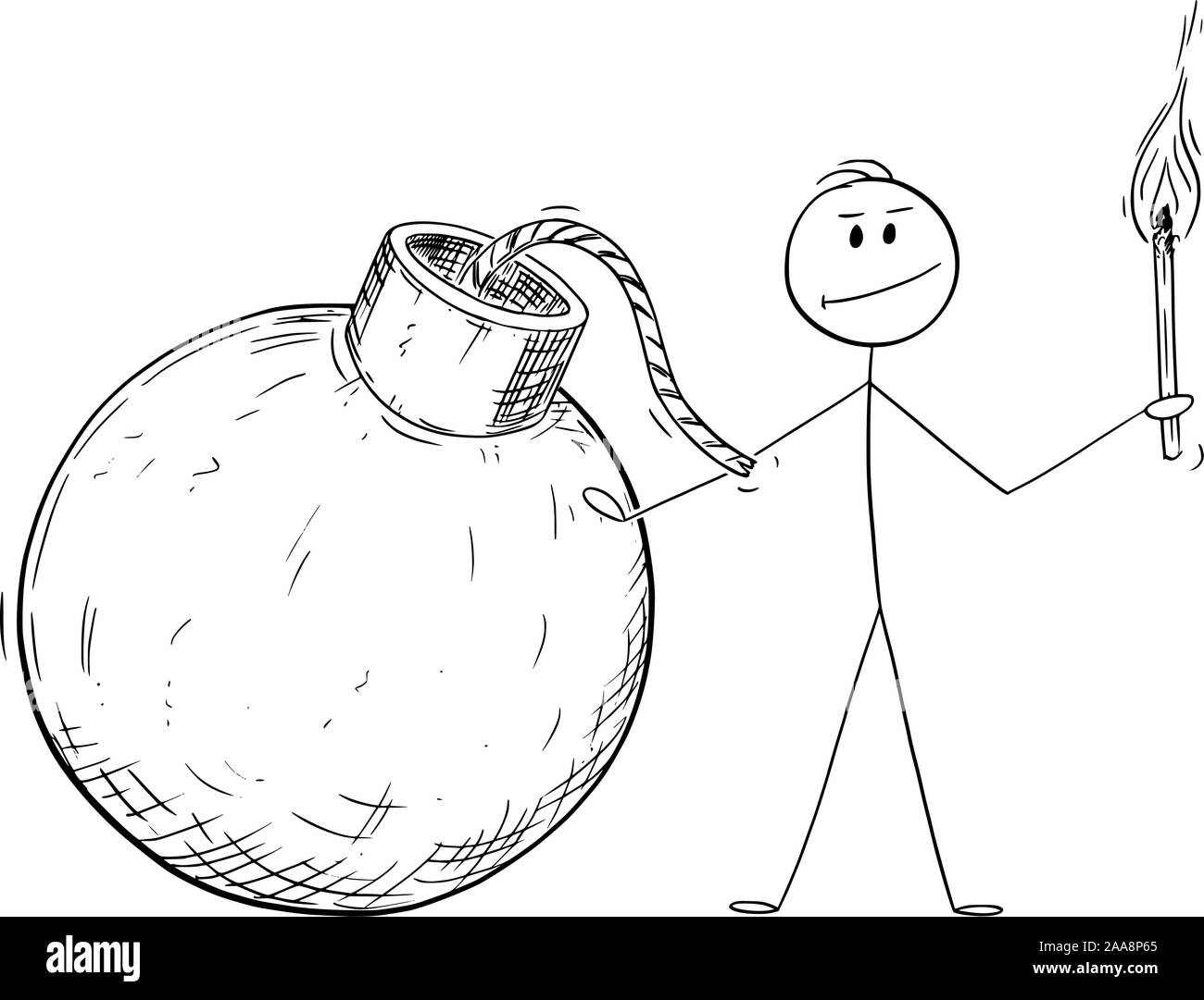 Vector cartoon stick figura disegno illustrazione concettuale dell'uomo o imprenditore che posano con grande bomba e torcia di fuoco. Illustrazione Vettoriale