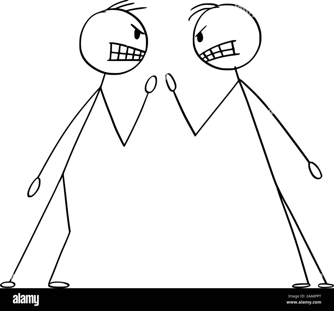 Vector cartoon stick figura disegno illustrazione concettuale di due uomini arrabbiati o uomini di affari in lotta argomentazione o sostenendo. Illustrazione Vettoriale
