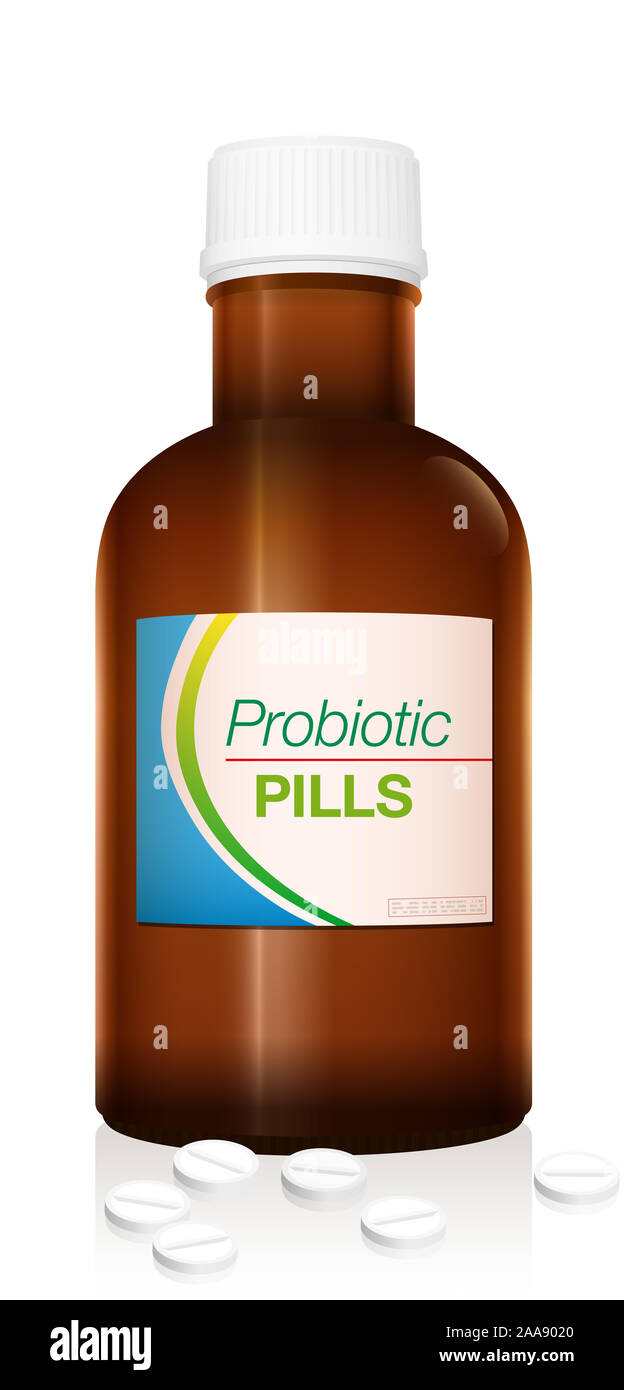 Pillole di probiotici come un supplemento per una sana alimentazione e nutrizione consapevole - medical falsa bottiglia fiala denominata pillole di probiotici su sfondo bianco. Foto Stock