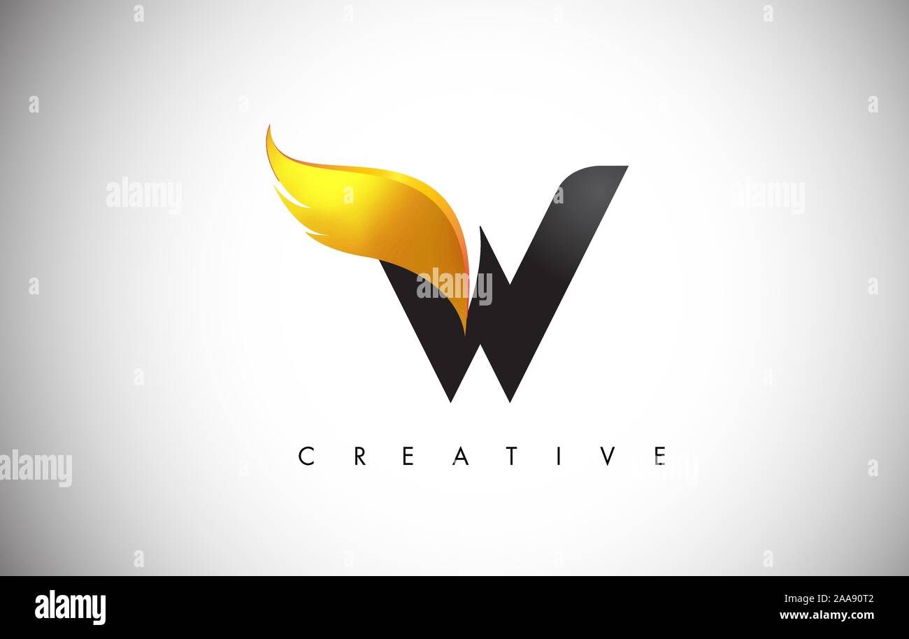 Oro lettera W Ali Logo Design Icona. Flying Wing Lettera con logo creativo ala dorata concetto. Illustrazione Vettoriale