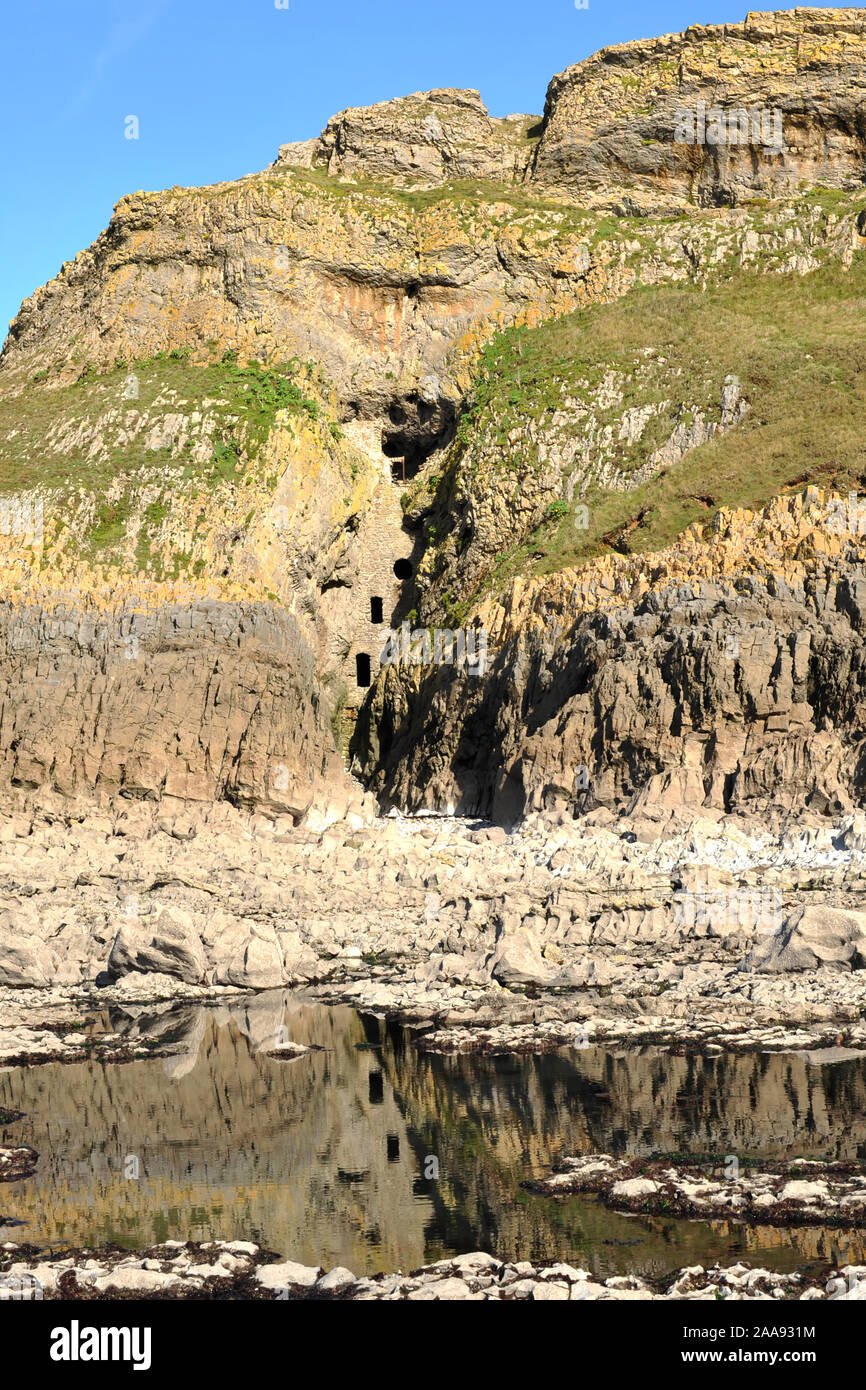 Foro di Culver,un'antica dovecot murata in scogliere vicino a Port Eynon, Galles, che si riflette in una piscina di roccia a bassa marea Foto Stock